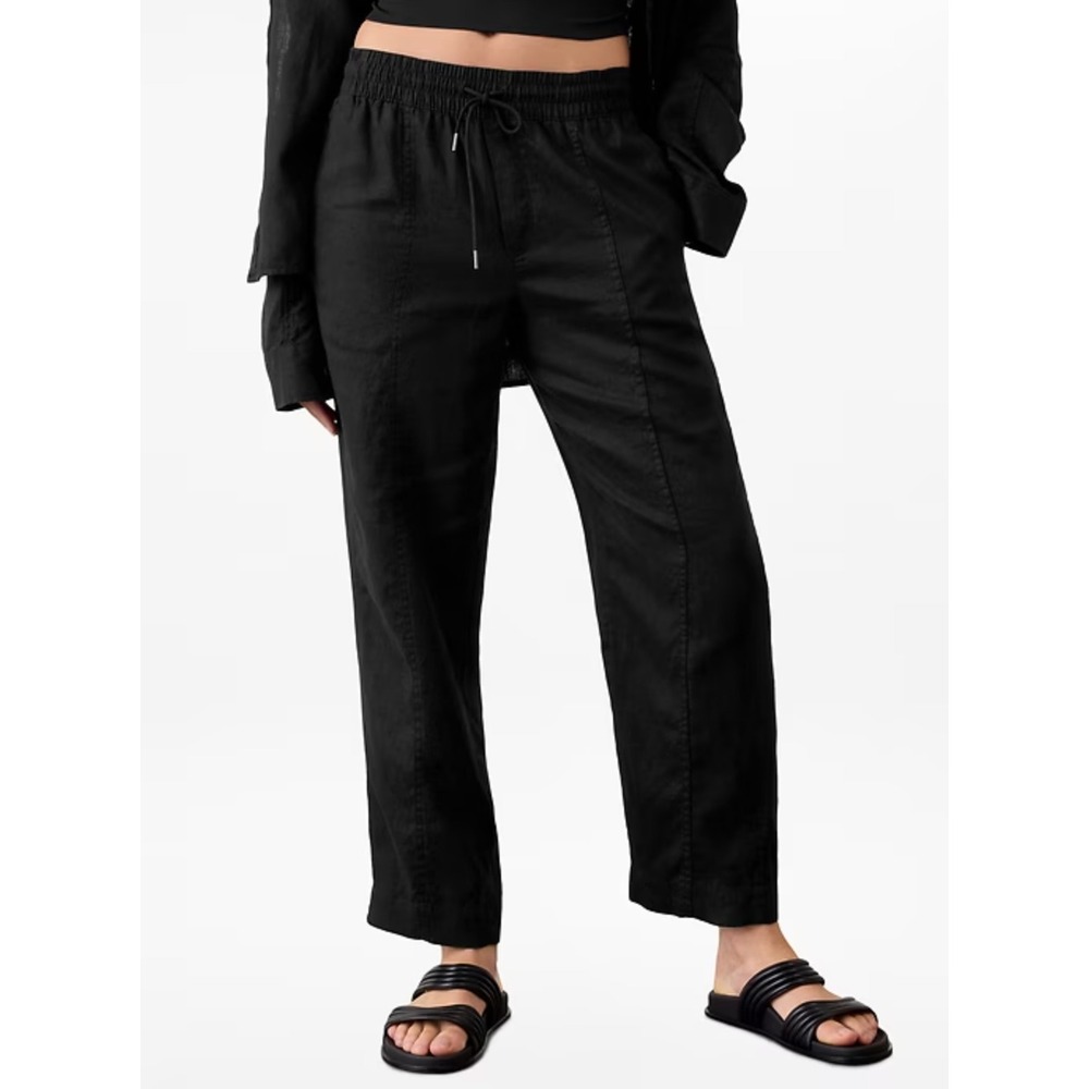 Athleta Retreat High Rise 100% Linen Ankle Pants Black Drawstring Tapered Large